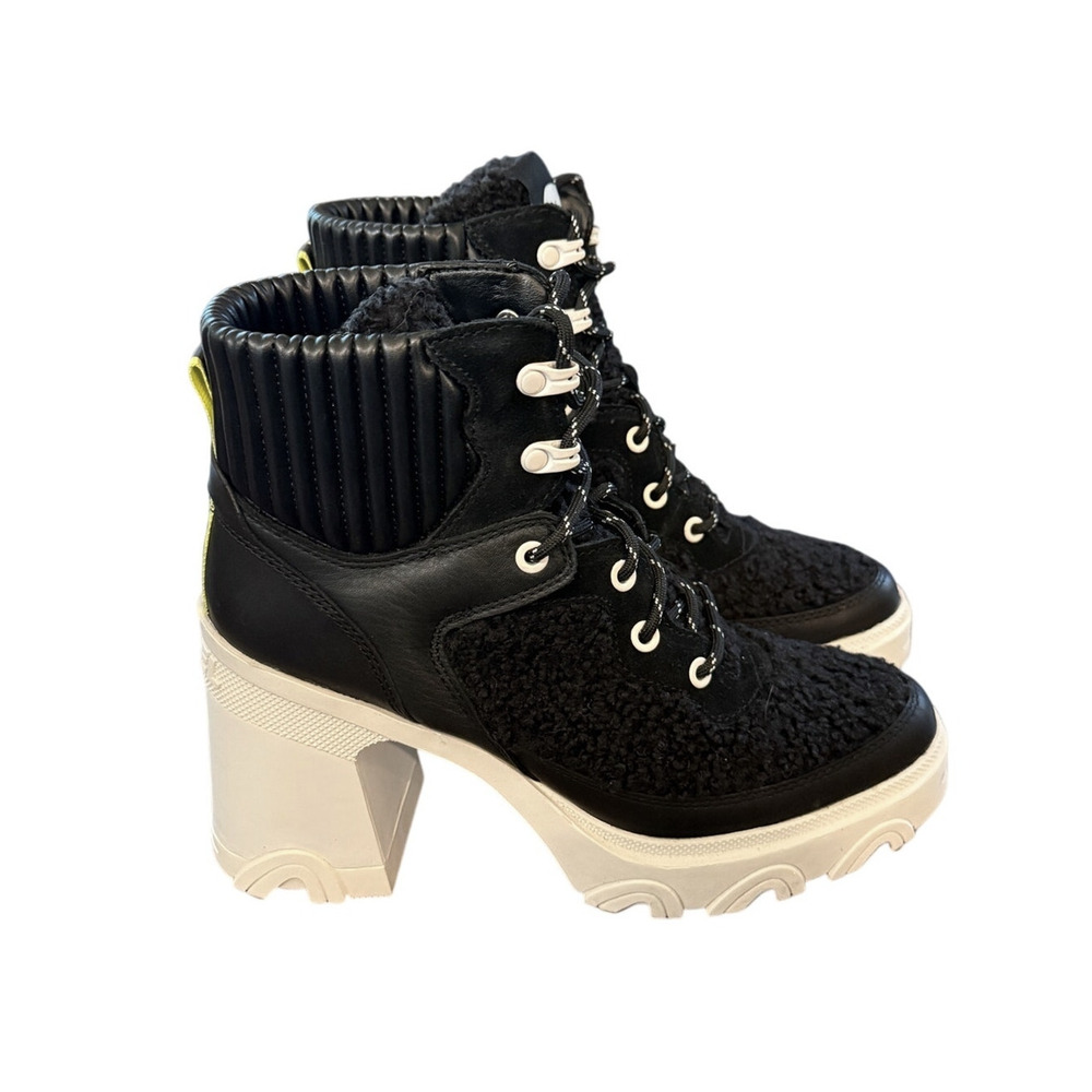 Sorel 8.5 Brex $210 Shearling Teddy Bear Ankle Boots Chunky Platform Heel Black - Picture 2 of 10